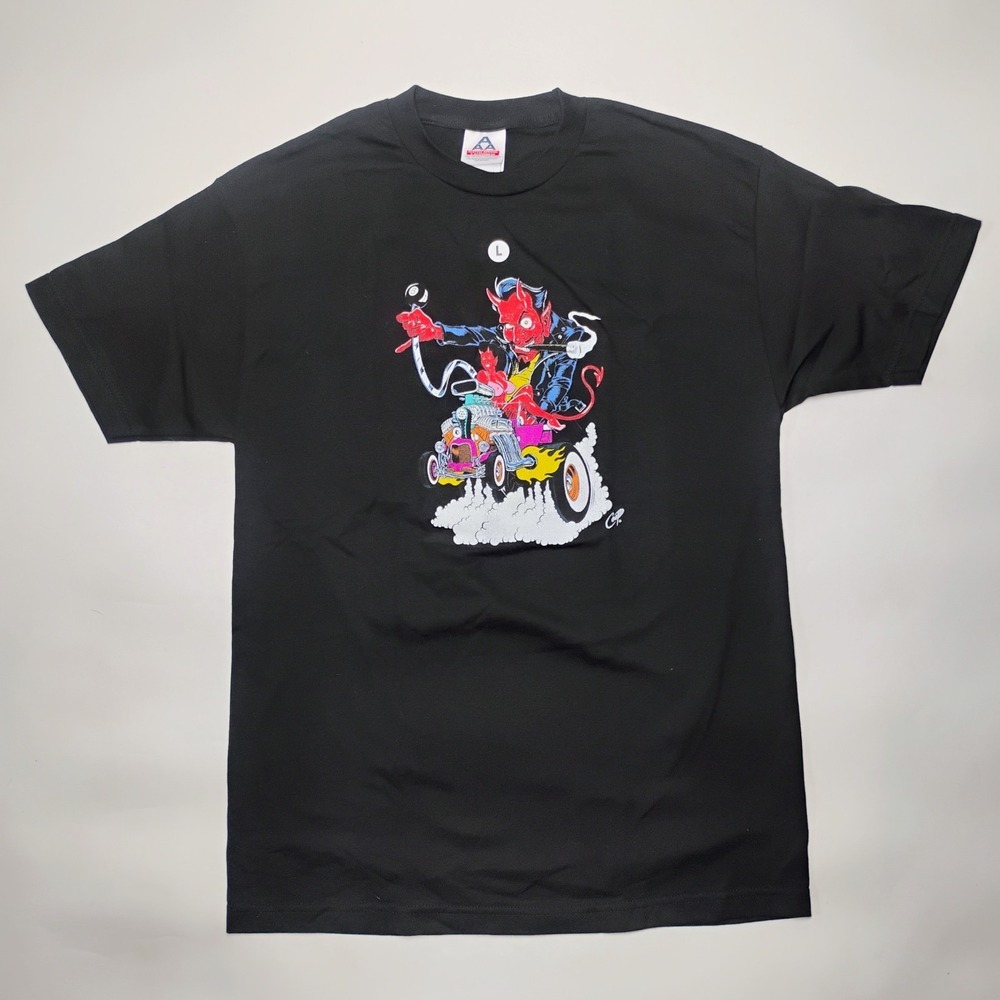 Coop Art Devil Riding Trike T-Shirt Black Tshirt SZ L Hot Rod Bike VTG 90's NOS
